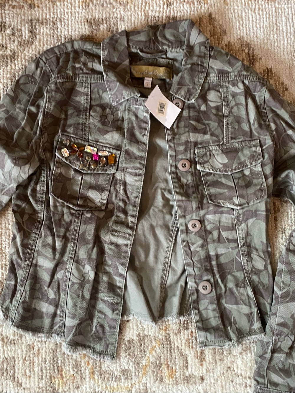 Angel Kiss Olive Green Floral Utility Jacket with Jeweled Pocket Accent